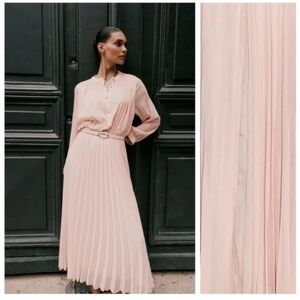 NWT Zara Chiffon A-Line Dress Pleated Balloon Sleeve Belted Size M Boho Chic